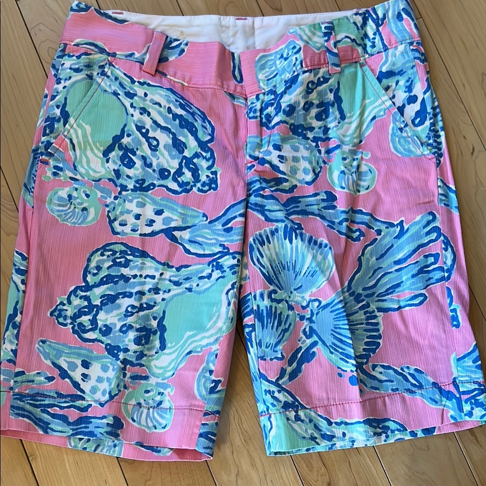 Lilly Pulitzer Pink and Blue Bermuda Shorts Vibrant Tropical Print